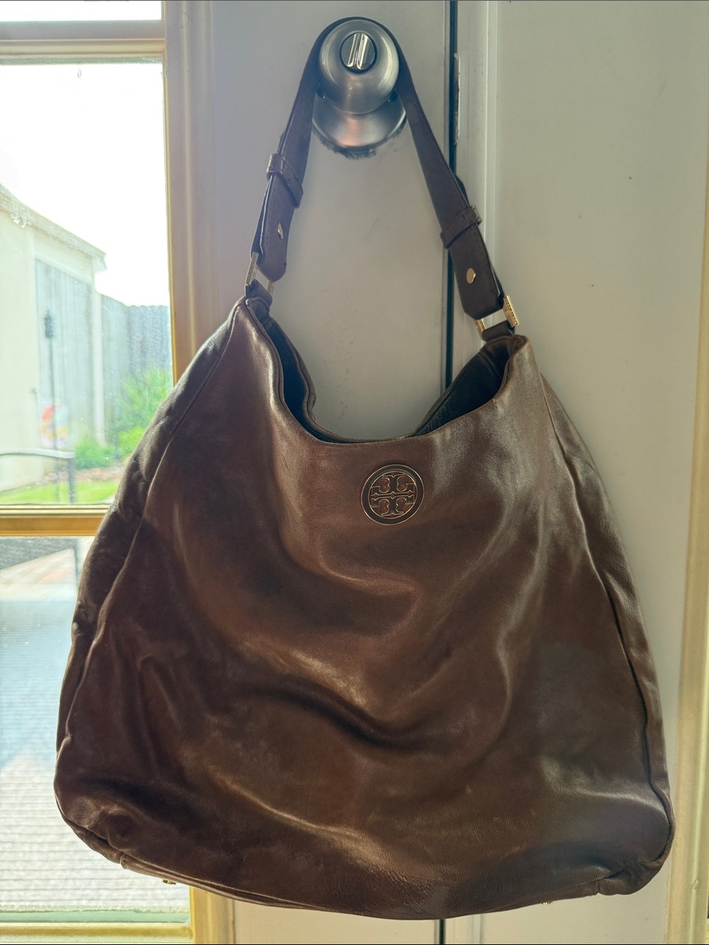 Tory Burch Brown Leather Slouch Hobo with Logo Medallion